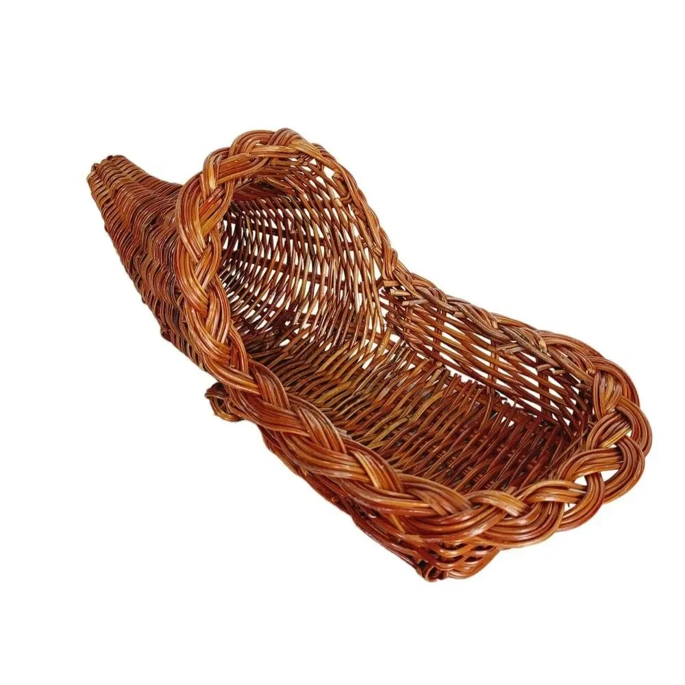 Vintage Horn Of Plenty Cornucopia Bohemian Woven Wicker Boho Basket Wall Vase